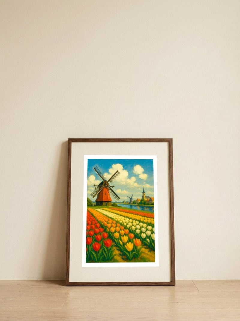 Tulip Dreams and Windmills — framed, leaning against the wall