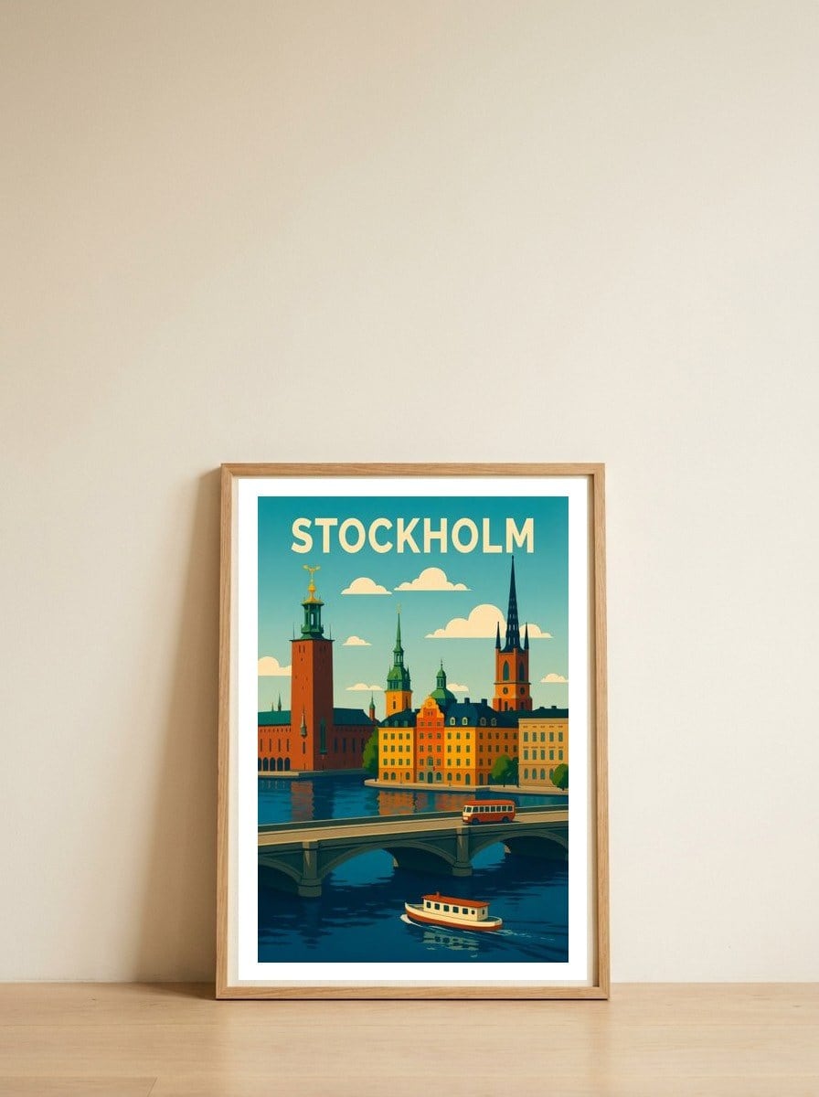 Stockholm Travel Art — framed, leaning against the wall