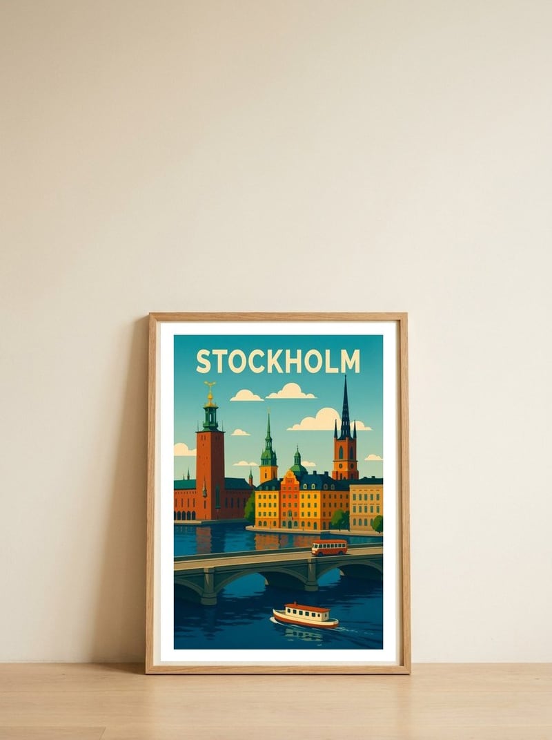 Stockholm Travel Art — framed, leaning against the wall
