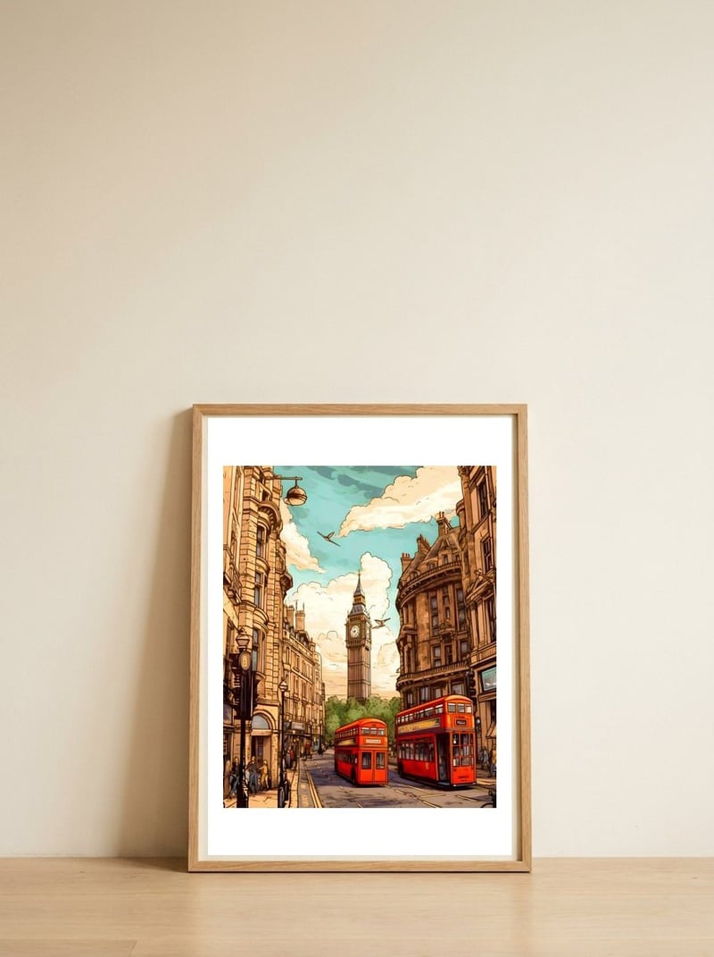 London Travel Poster — framed, leaning against the wall