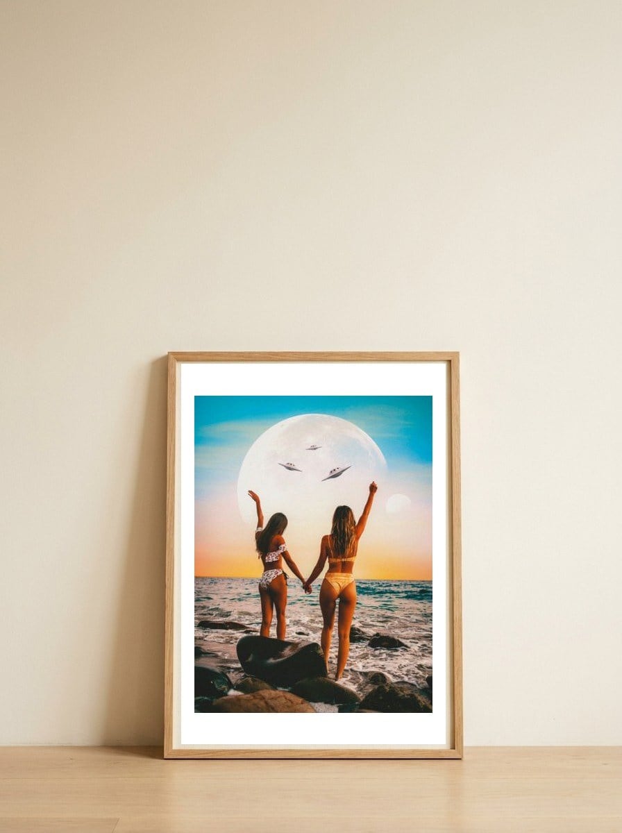 Here We Are, UFO — framed, leaning against the wall