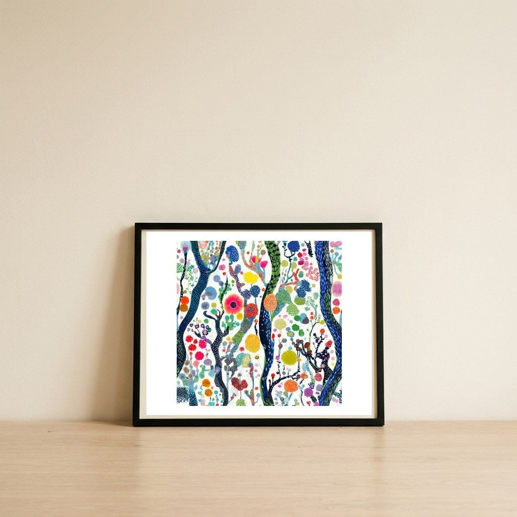 Vibrant Flower Forest — framed, leaning against the wall