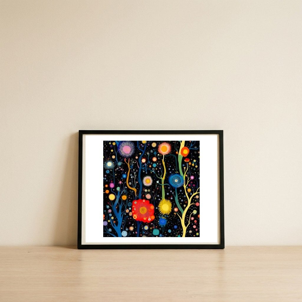 Vibrant Celestial Garden — framed, leaning against the wall