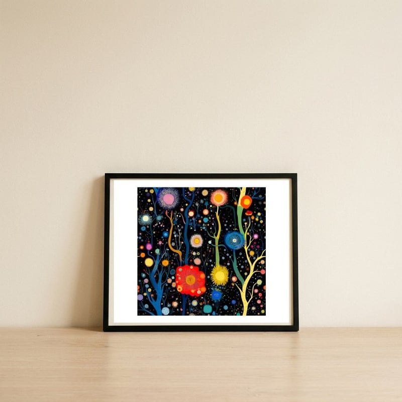Vibrant Celestial Garden — framed, leaning against the wall