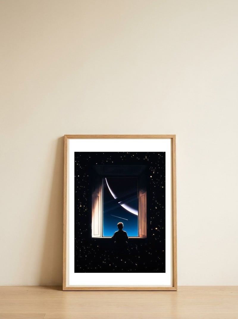 Cosmic Wonder — framed, leaning against the wall