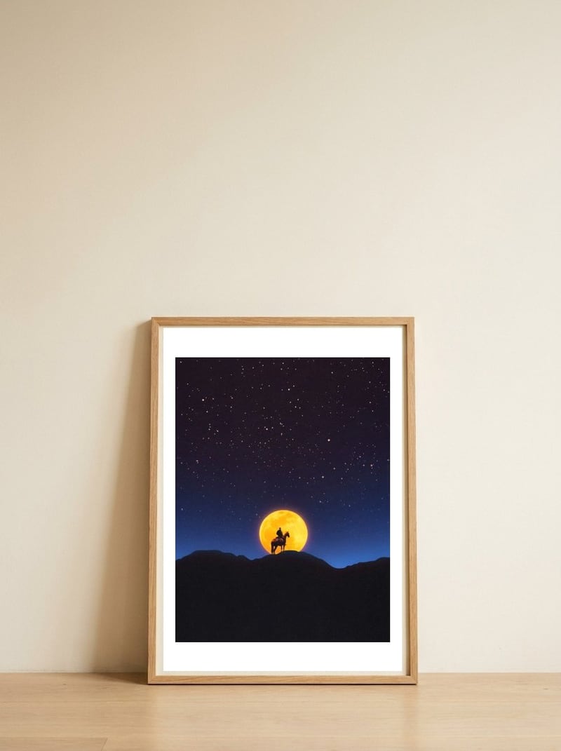 The Rider and the Moon — framed, leaning against the wall