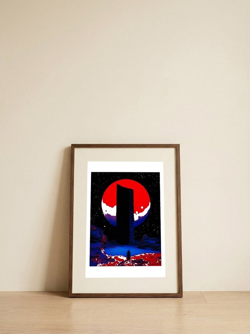 Red Moon Aura — framed, leaning against the wall
