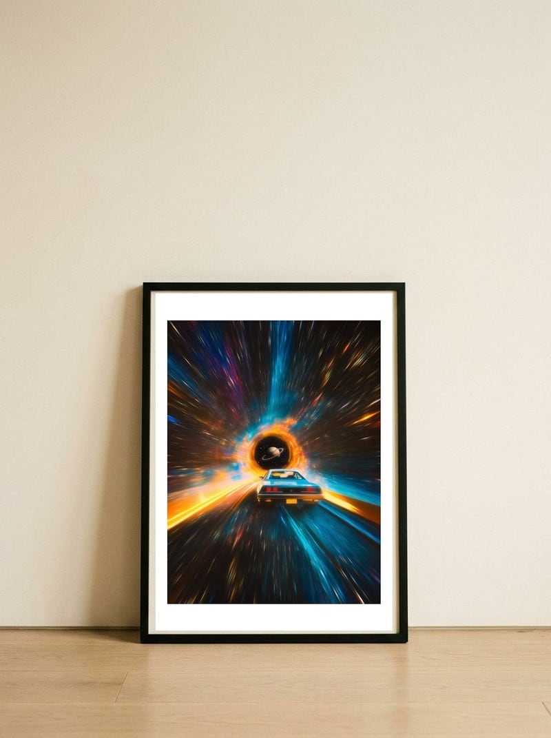 Cosmic Car Voyage — framed, leaning against the wall