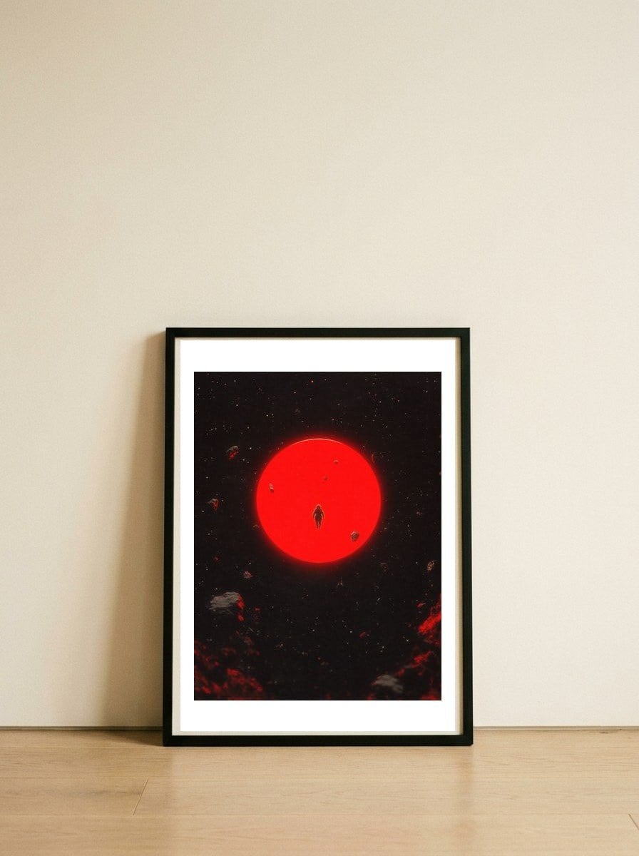 Red Moon — framed, leaning against the wall