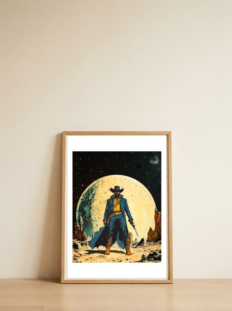 Cosmic Sheriff — framed, leaning against the wall