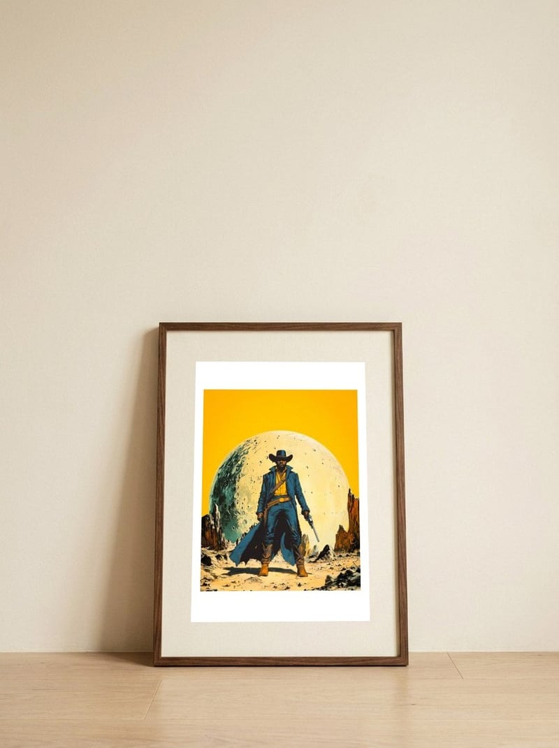Yellow Justice — framed, leaning against the wall