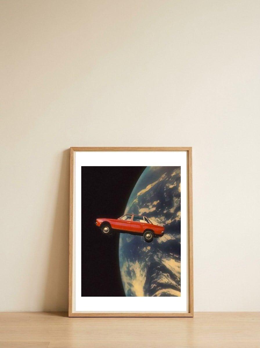 Flying Space Car — framed, leaning against the wall