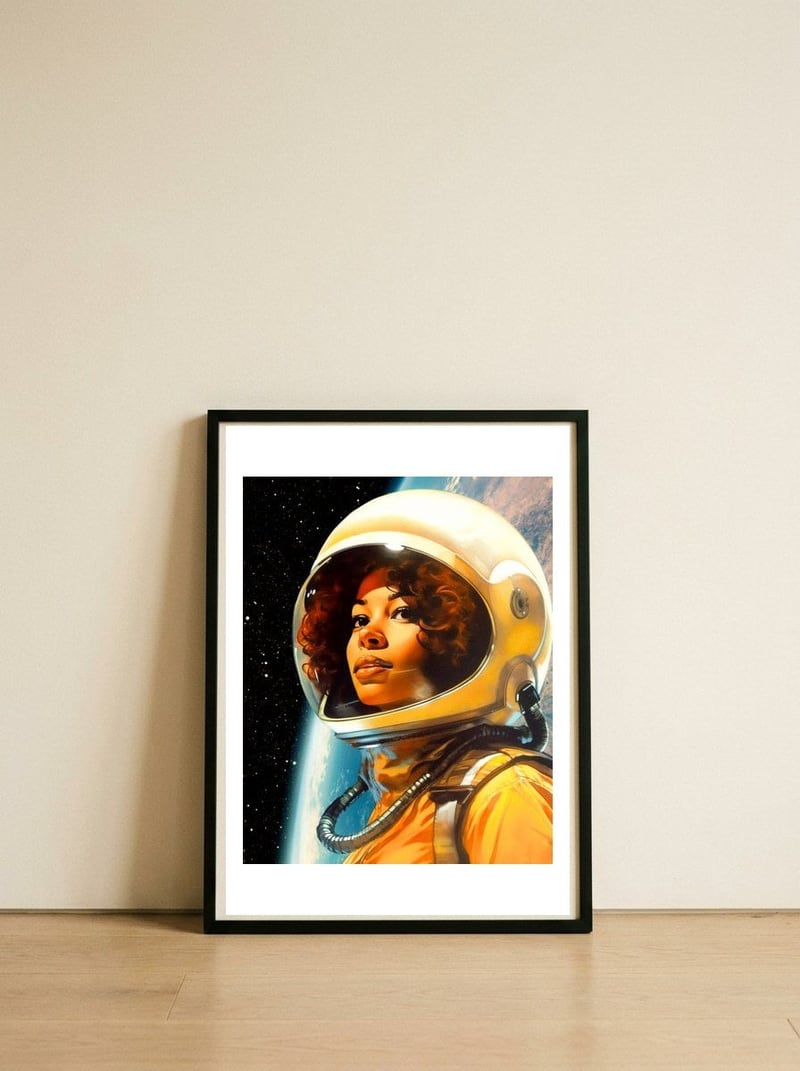 Astronaut Poster 2 — framed, leaning against the wall