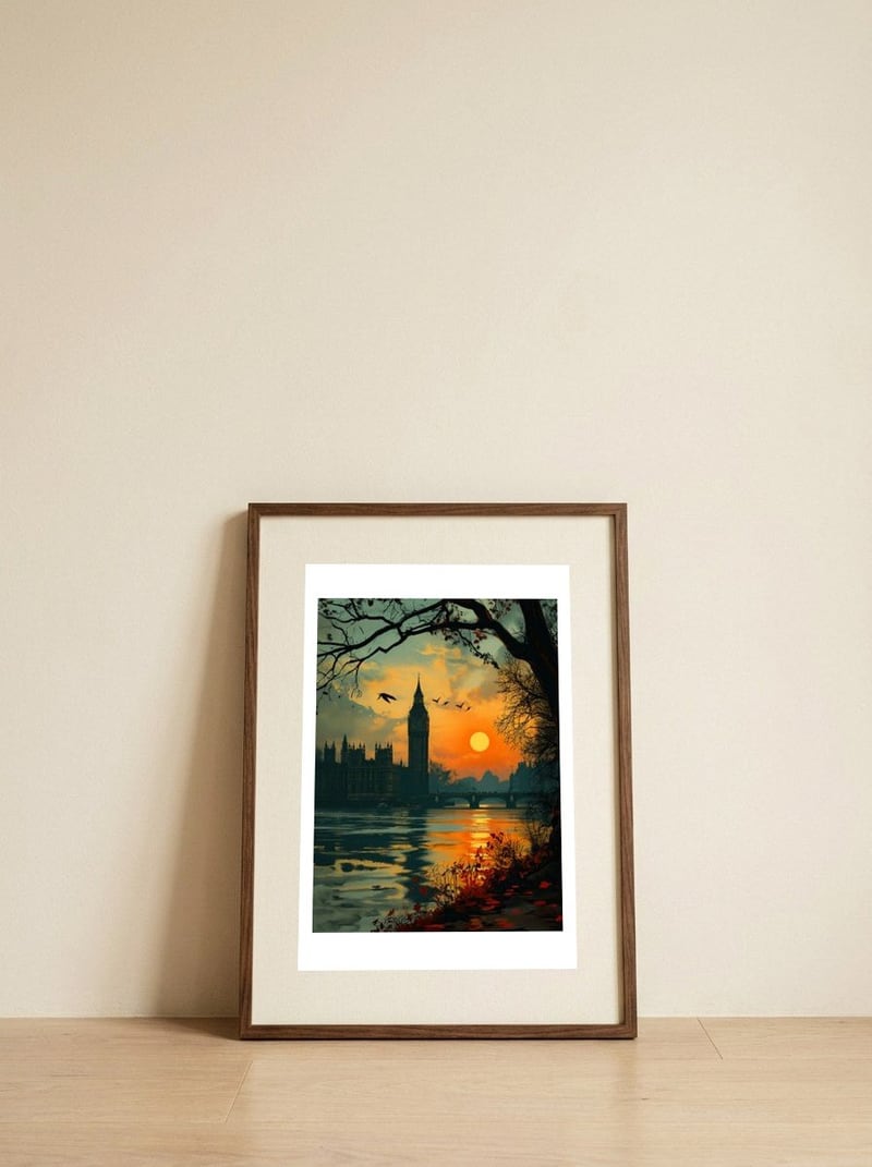 View from the Thames — framed, leaning against the wall