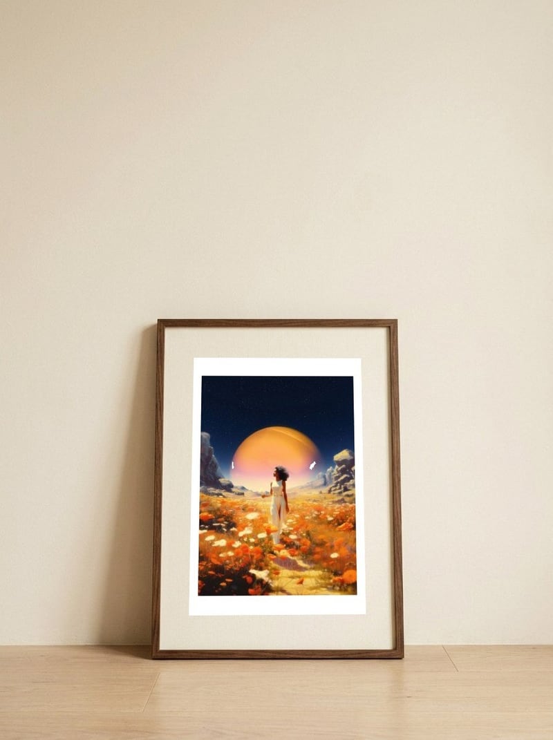 Cosmic Flower Fields — framed, leaning against the wall