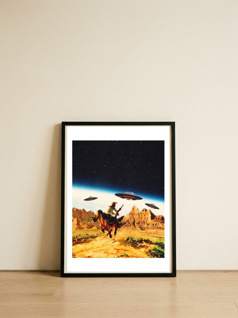 UFO Space Chase — framed, leaning against the wall
