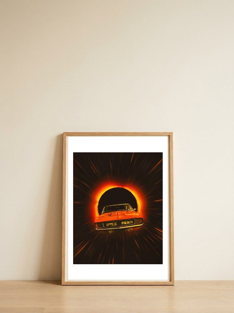 The Space Rider — framed, leaning against the wall