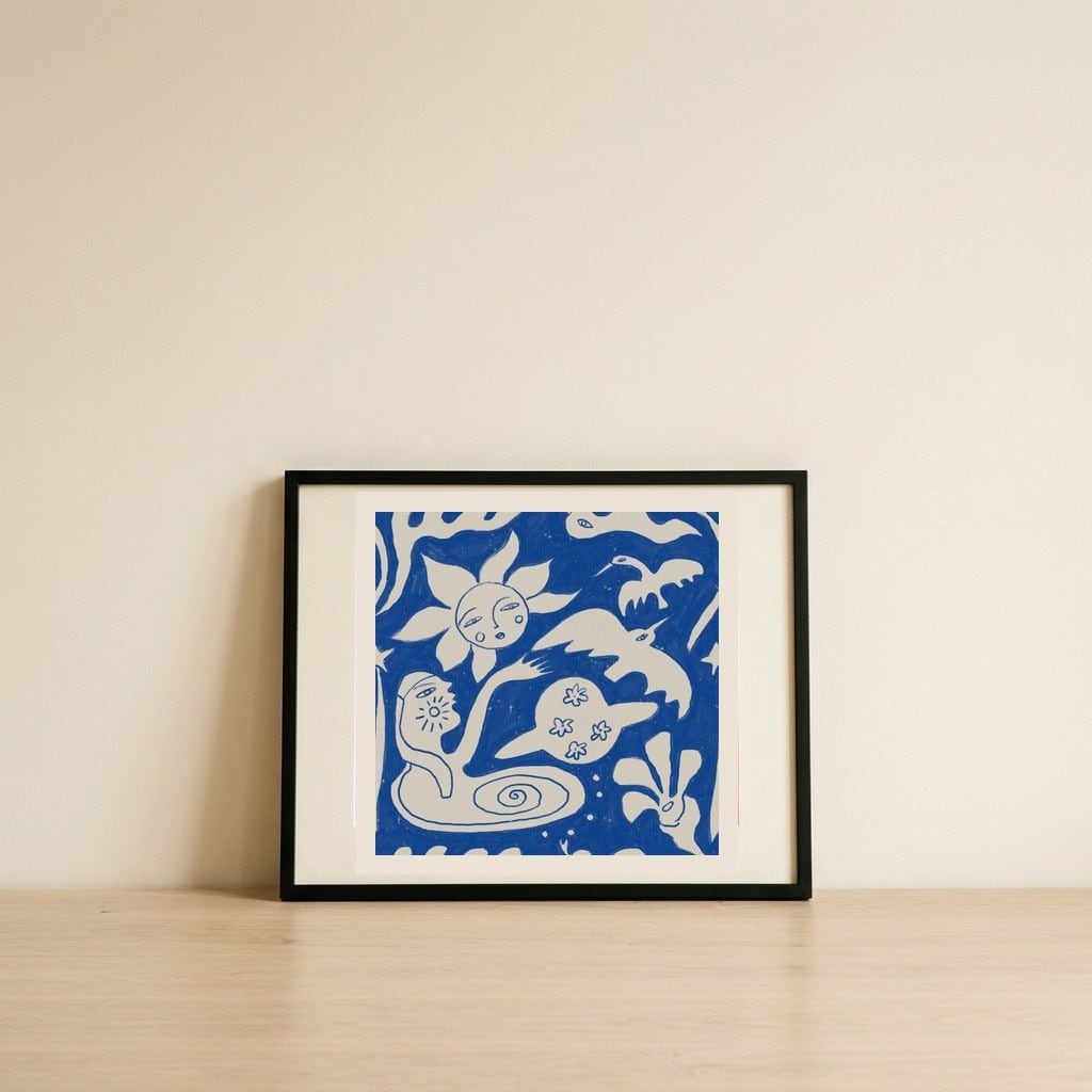 Celestial Folk Dream — framed, leaning against the wall