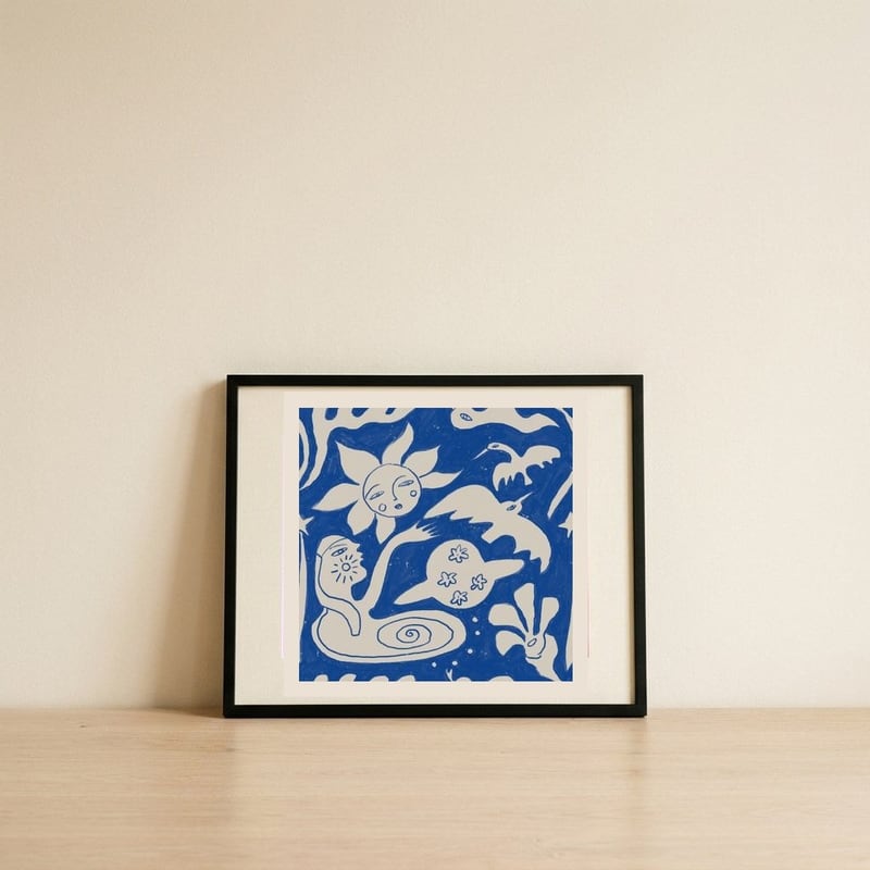 Celestial Folk Dream — framed, leaning against the wall