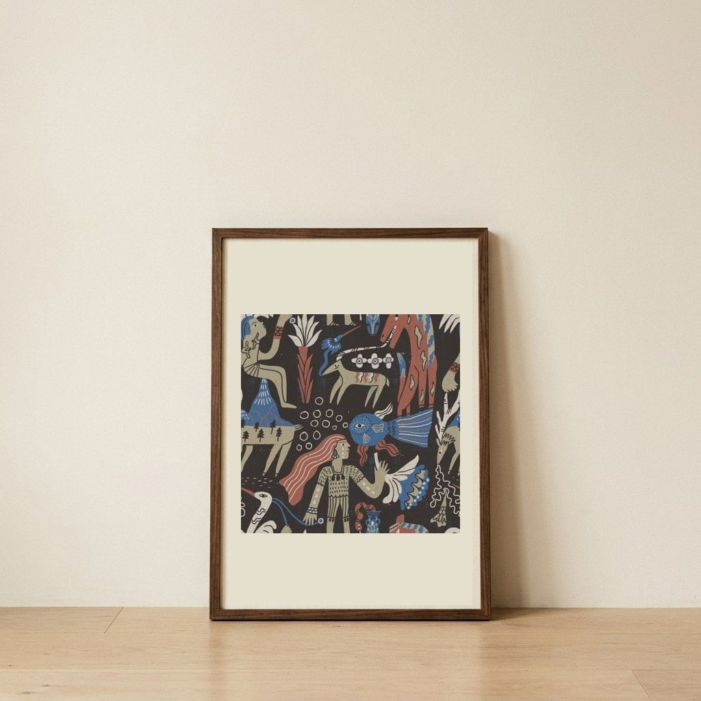 Mystical Folk Art Creatures — framed, leaning against the wall