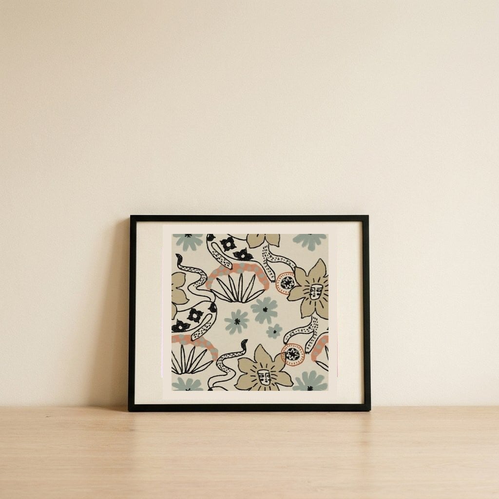 Bohemian Floral Snakes — framed, leaning against the wall