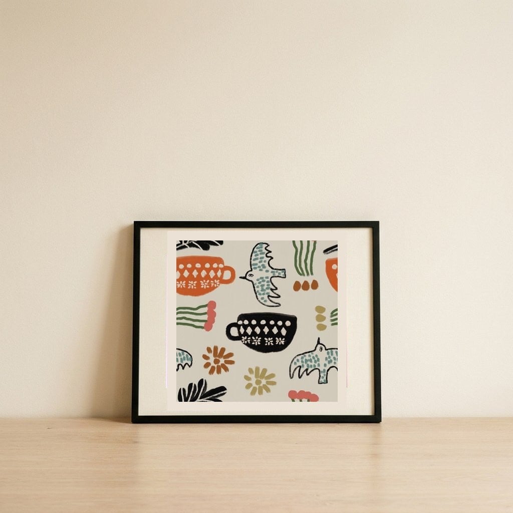 Nordic Folk Cups And Birds — framed, leaning against the wall