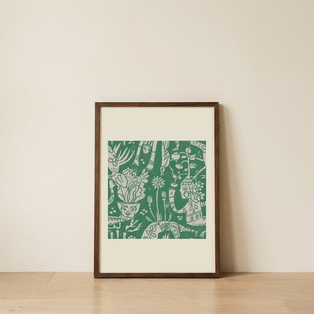 Green Garden Folk Pattern — framed, leaning against the wall