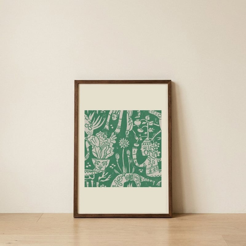 Green Garden Folk Pattern — framed, leaning against the wall