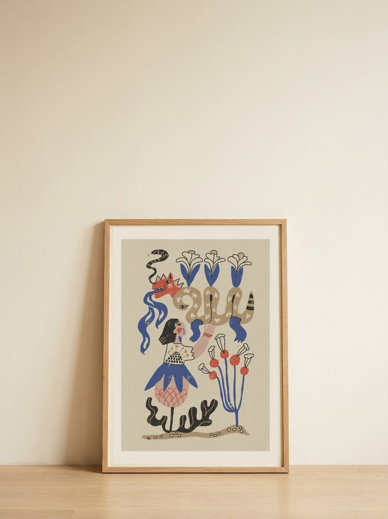 Mystical Woman and Dragon — framed, leaning against the wall