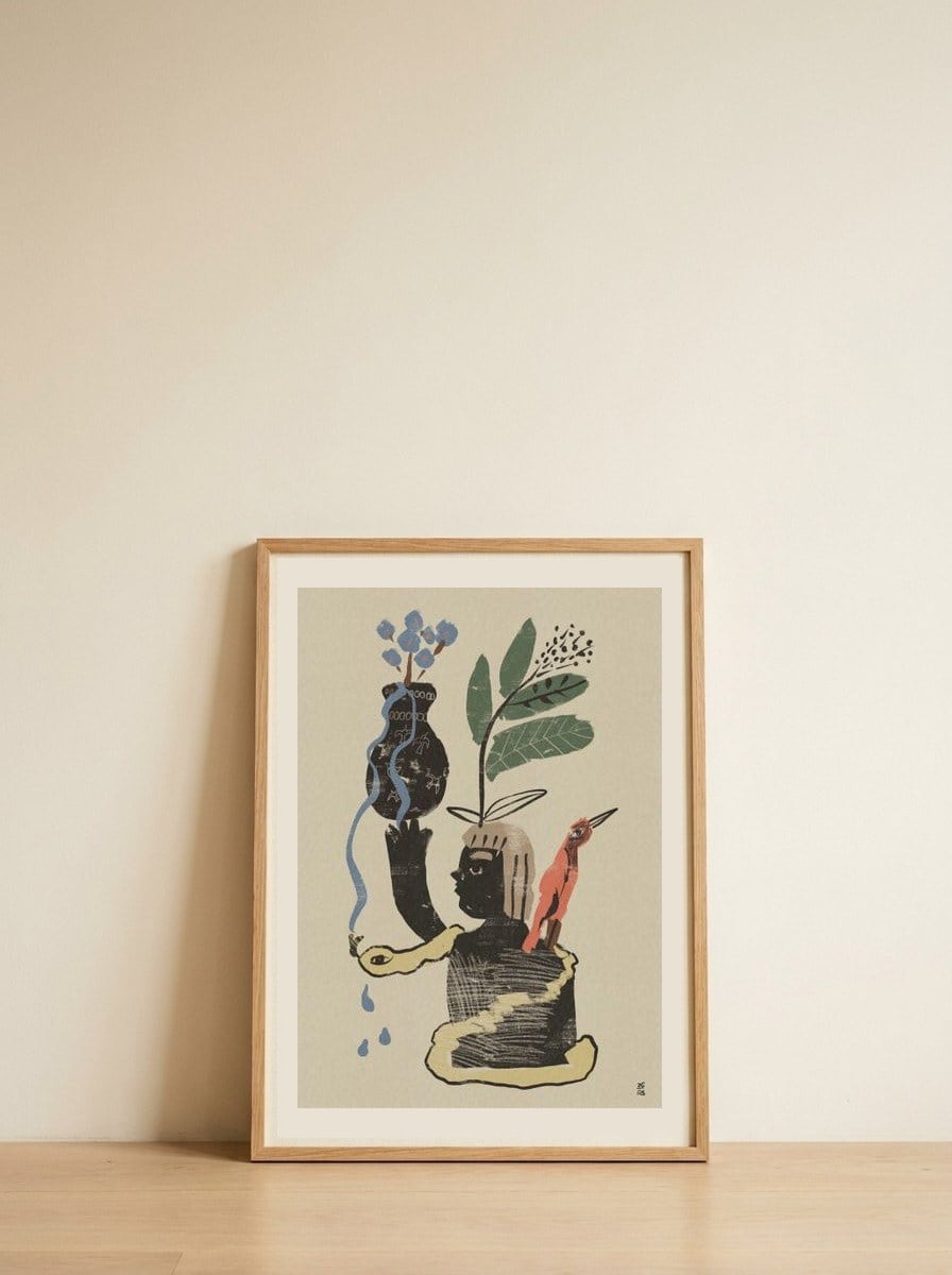 Botanical Spirit Figure — framed, leaning against the wall
