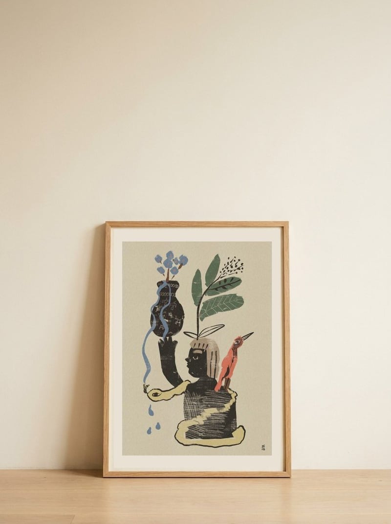 Botanical Spirit Figure — framed, leaning against the wall