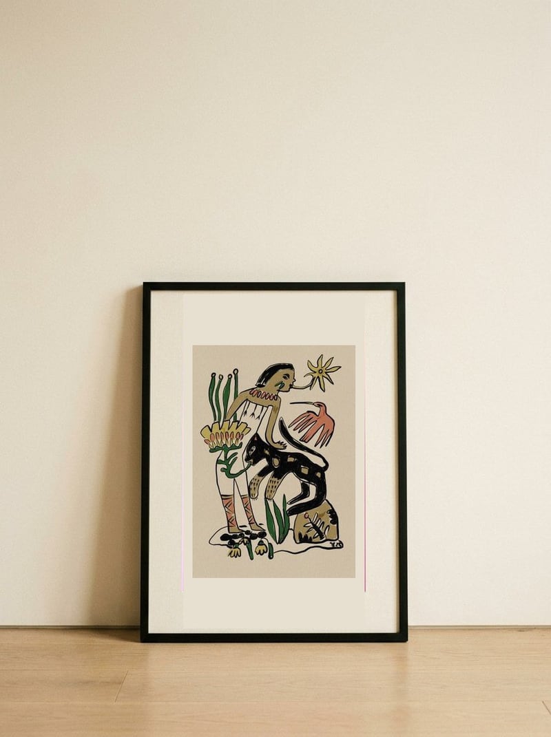 Folk Figure and Panther — framed, leaning against the wall