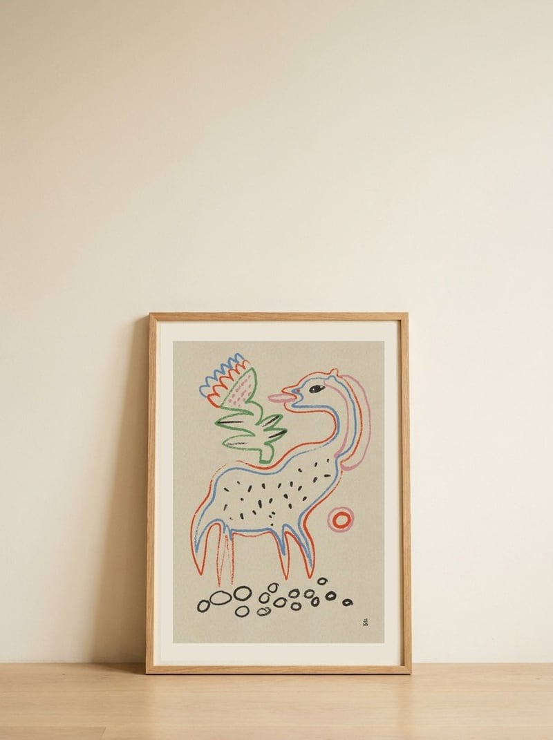 Whimsical Creature and Flower — framed, leaning against the wall