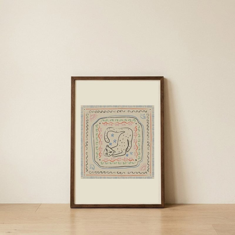 Playful Folk Cat — framed, leaning against the wall