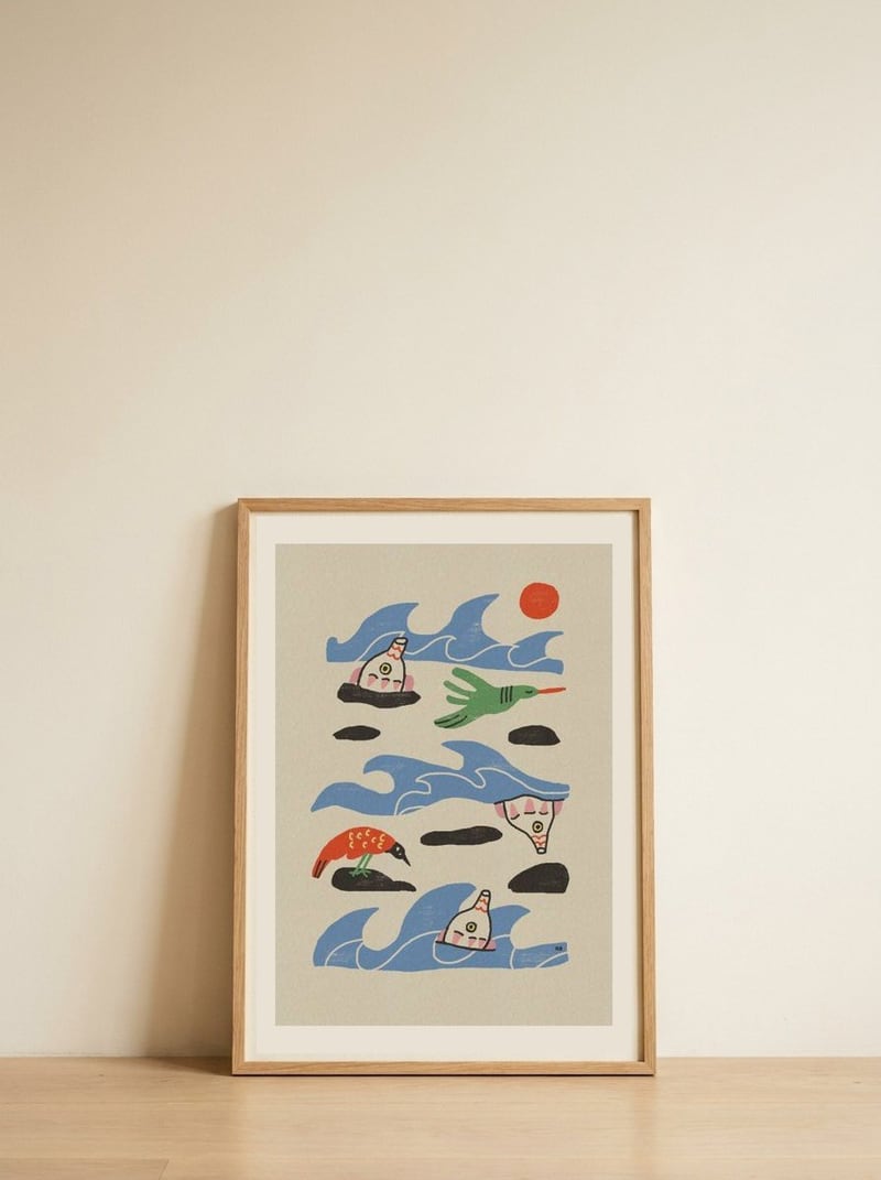 Whimsical Ocean Creatures — framed, leaning against the wall