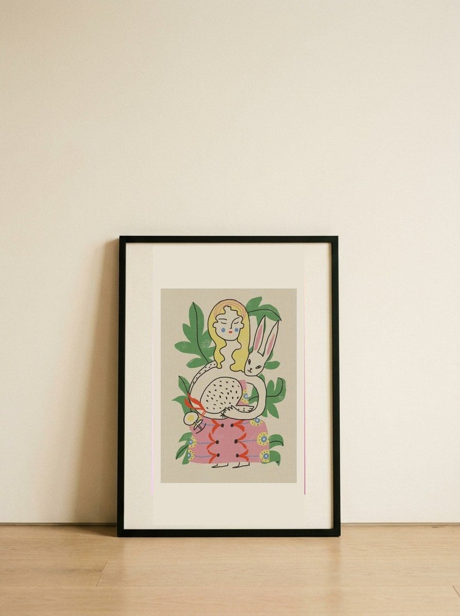 Whimsical Woman and Rabbit — framed, leaning against the wall