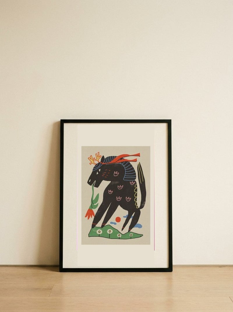 Mythical Horse with Flower — framed, leaning against the wall
