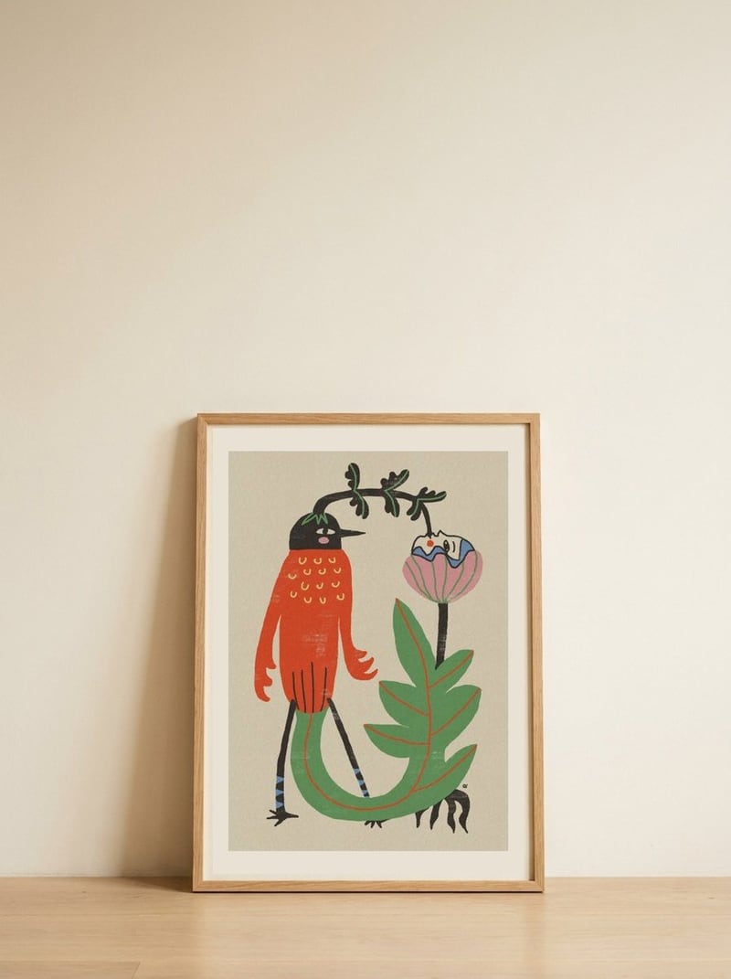 Whimsical Bird and Flower — framed, leaning against the wall