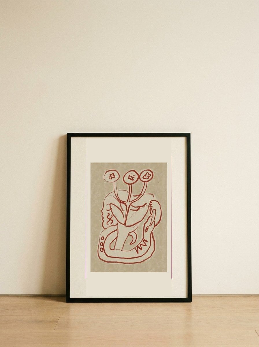 Serene Woman and Snake — framed, leaning against the wall