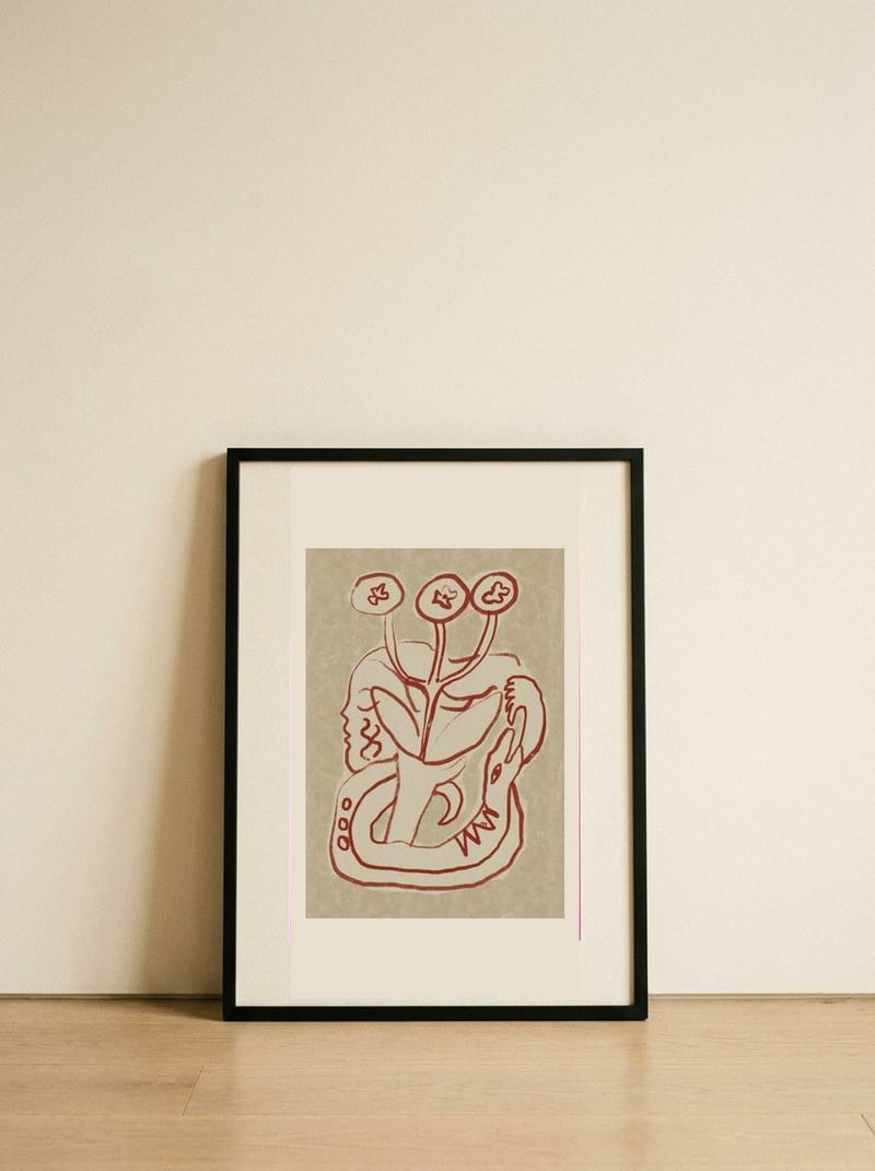 Serene Woman and Snake — framed, leaning against the wall