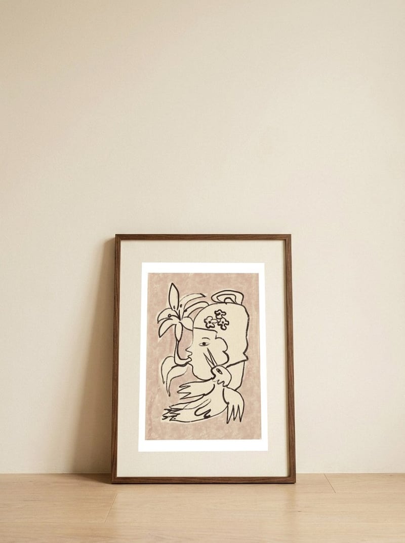 Minimalist Woman Bird Lily — framed, leaning against the wall