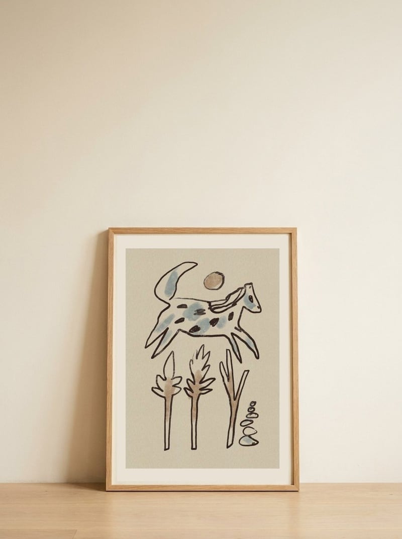 Leaping Desert Horse — framed, leaning against the wall
