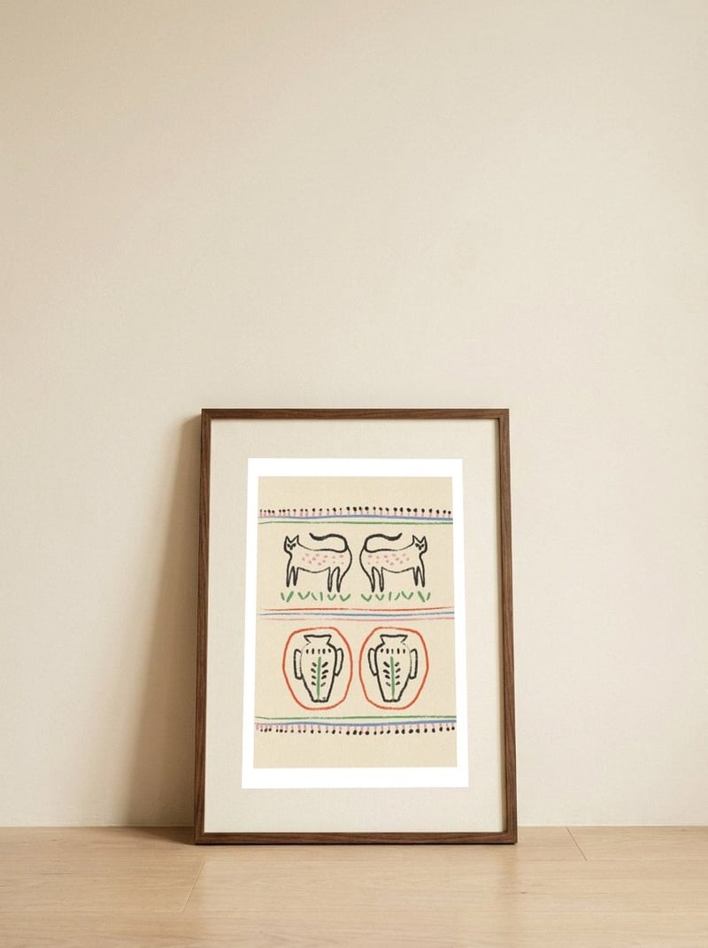 Primitive Cats and Vases — framed, leaning against the wall