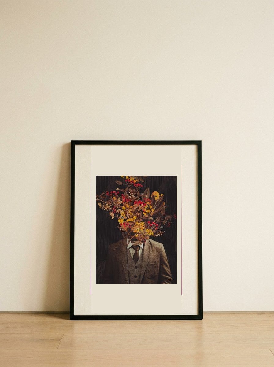 Botanical Gentleman Portrait — framed, leaning against the wall