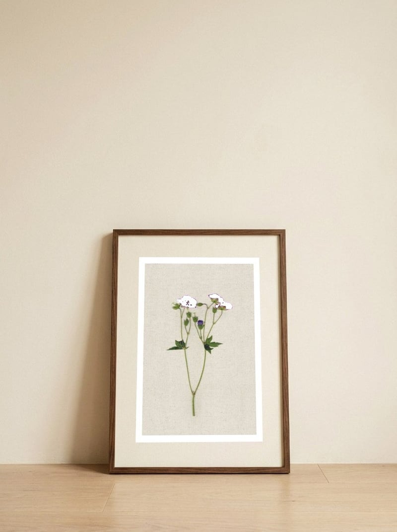 Purple Botanical Pressing — framed, leaning against the wall