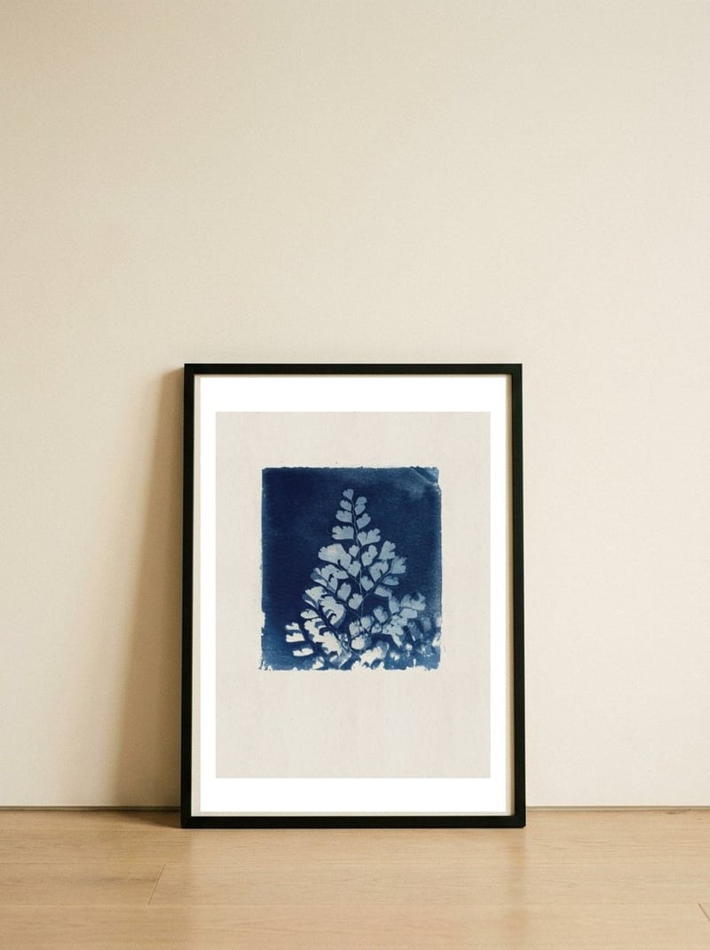 Blue Fern Cyanotype — framed, leaning against the wall