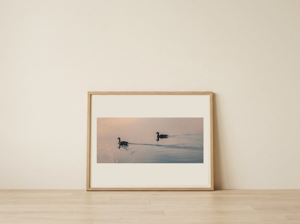 Golden Hour Geese — framed, leaning against the wall