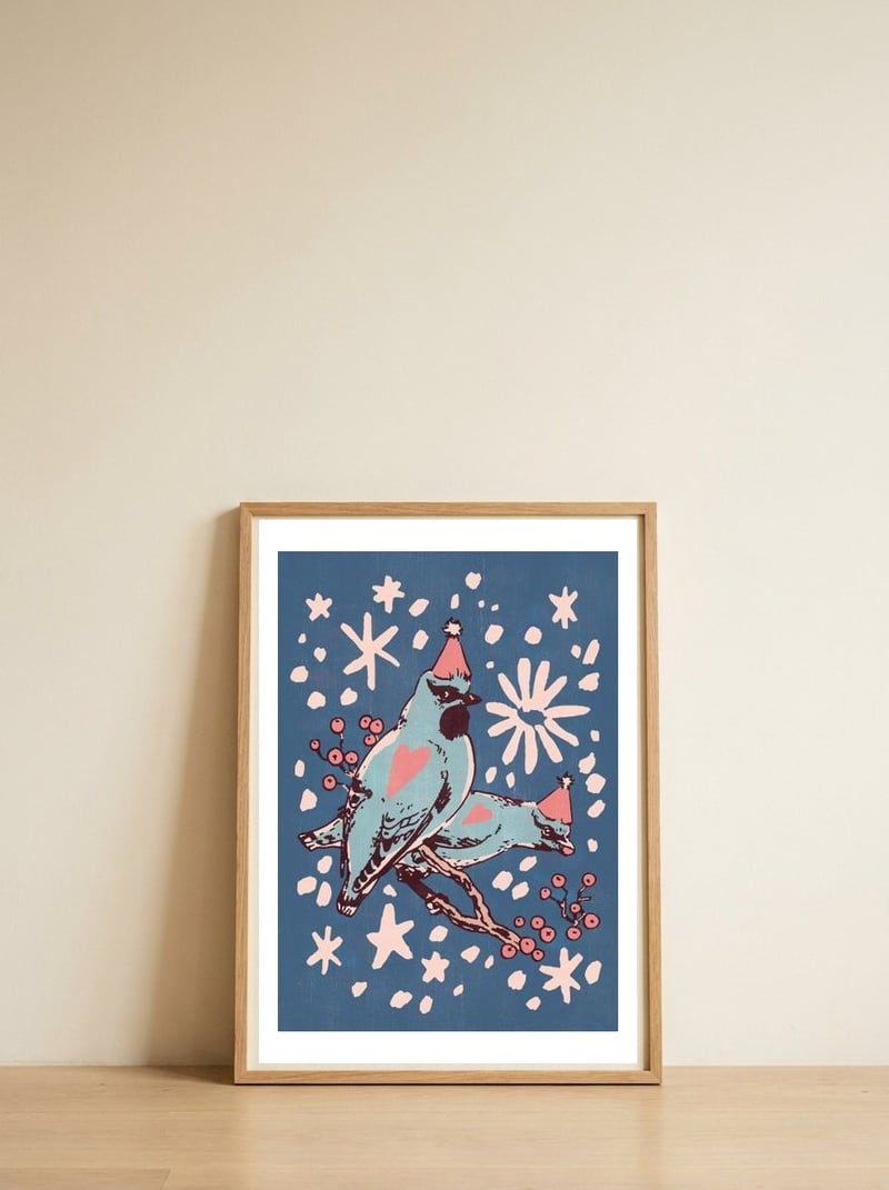 Festive Winter Birds — framed, leaning against the wall