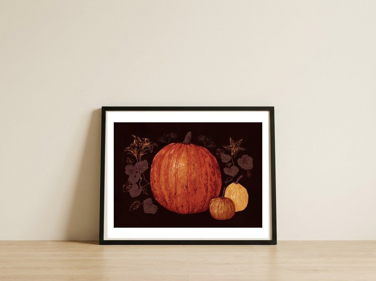 Autumn Pumpkin Harvest — framed, leaning against the wall