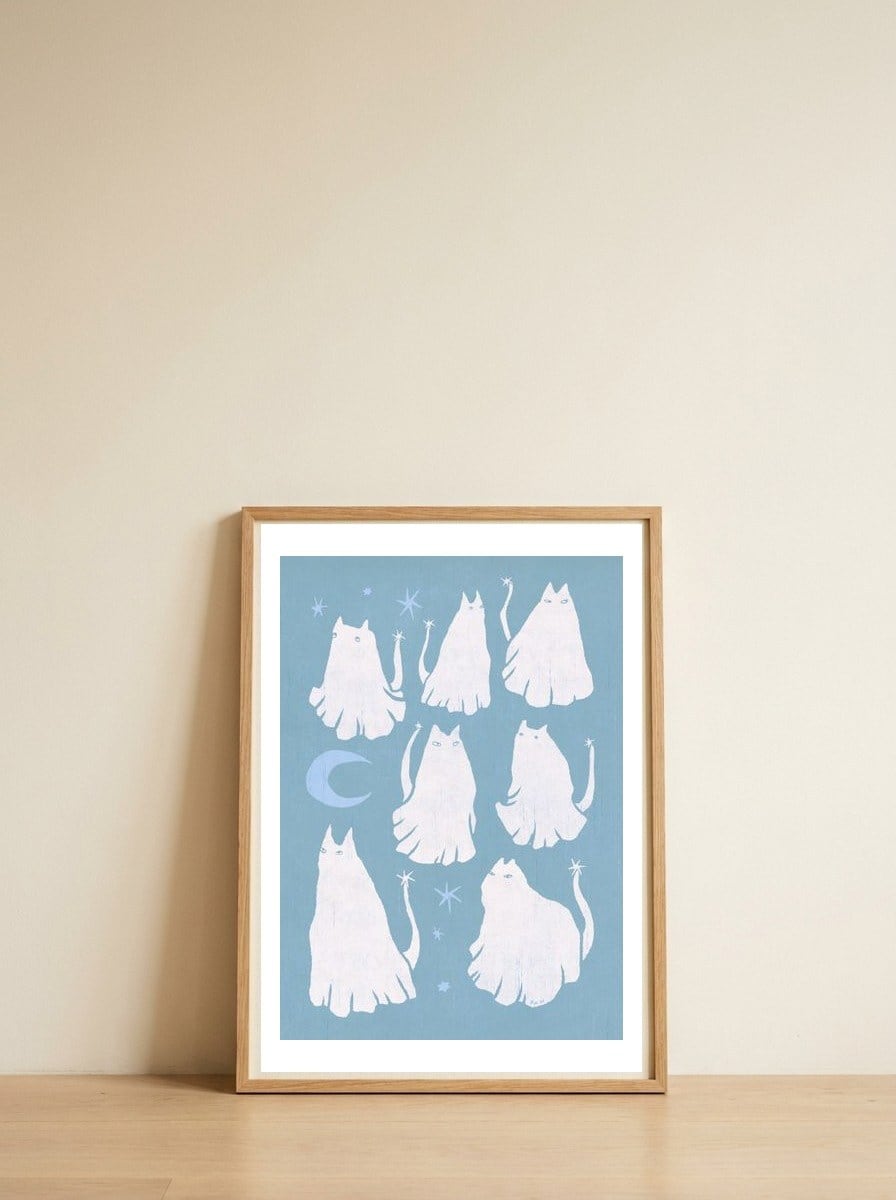 Ghost Cats Blue Night — framed, leaning against the wall